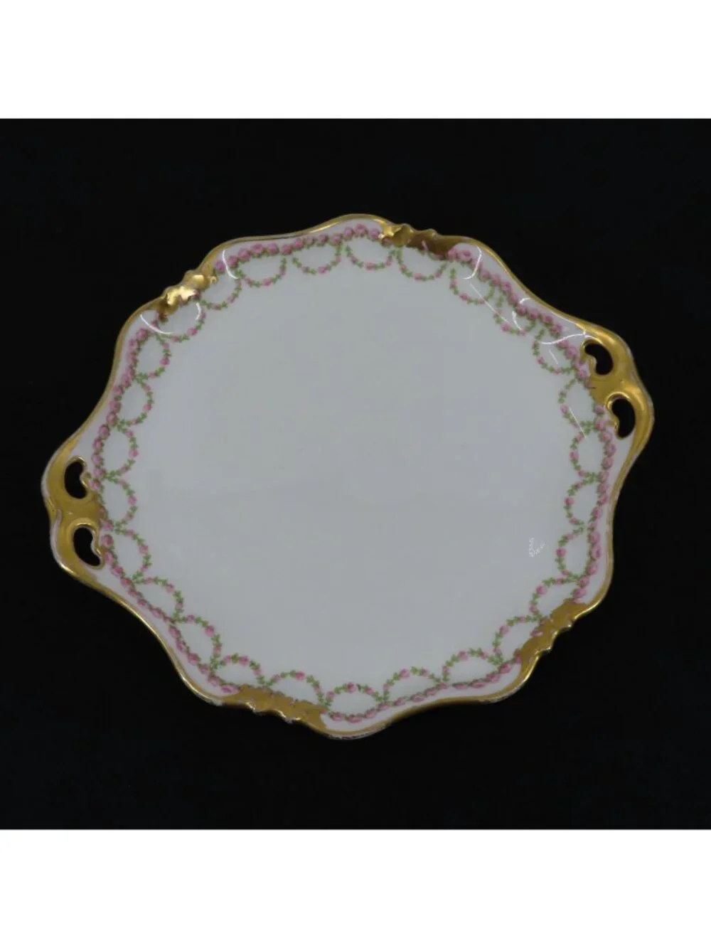 GOA Limoges Double Handle Plate 9.75in x 8.9in Pink Rose Floral Flower Swag Gold